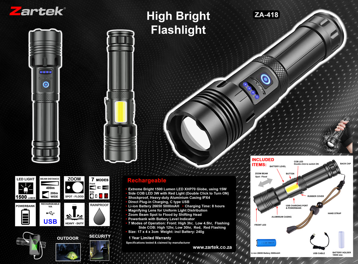 Zartek ZA-418 High Bright Flashlight 1500 Lumen with Side COB LED USB Rechargeable Powerbank