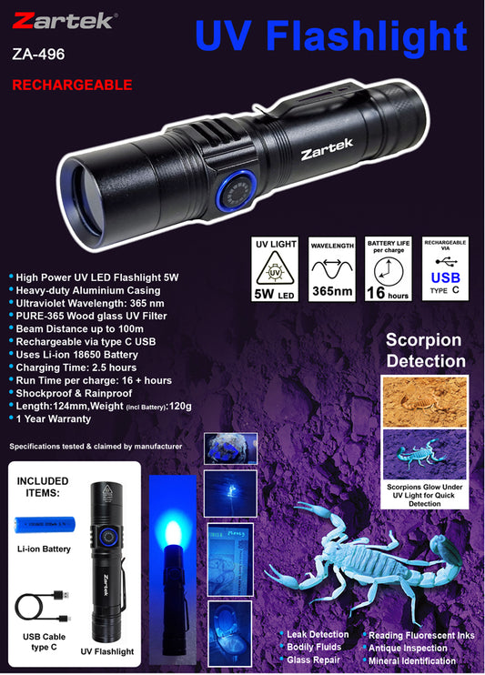 Zartek ZA-496 UV Flashlight Scorpion Detection High Power 5W 365nm USB Rechargeable IP68