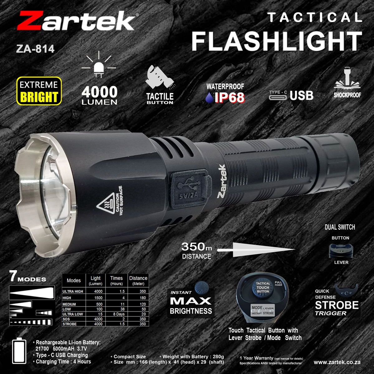 ZA-814 High Bright Tactical Flashlight 4000 Lumen 40W XHP70 LED USB-C Rechargeable