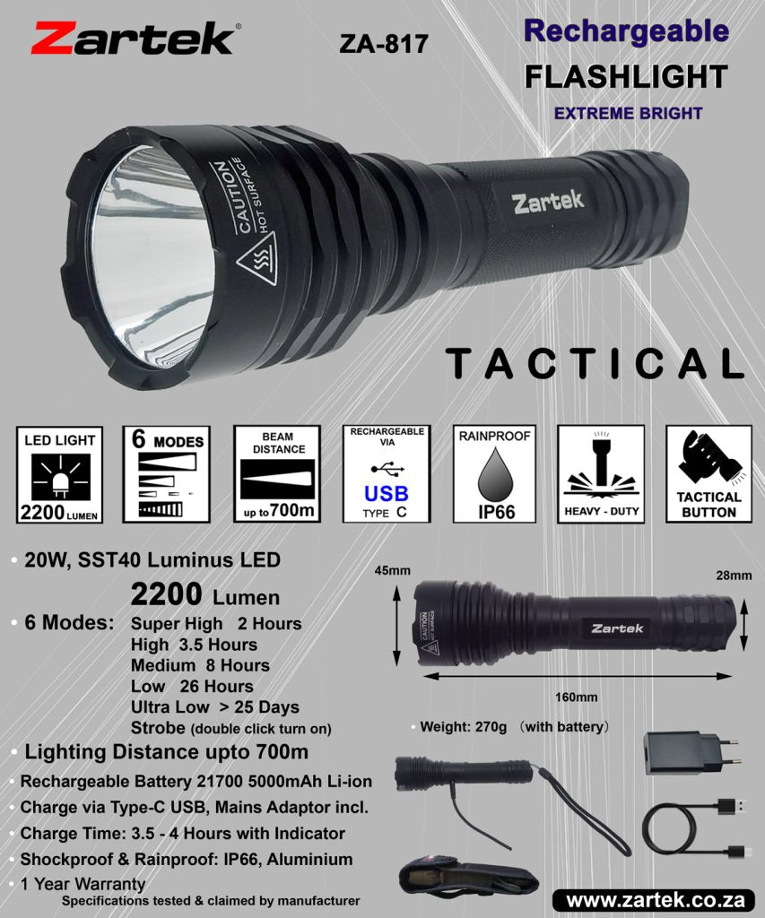 ZA-817 High Bright Tactical Flashlight 2200 Lumen 20W SST40 LED USB-C Rechargeable