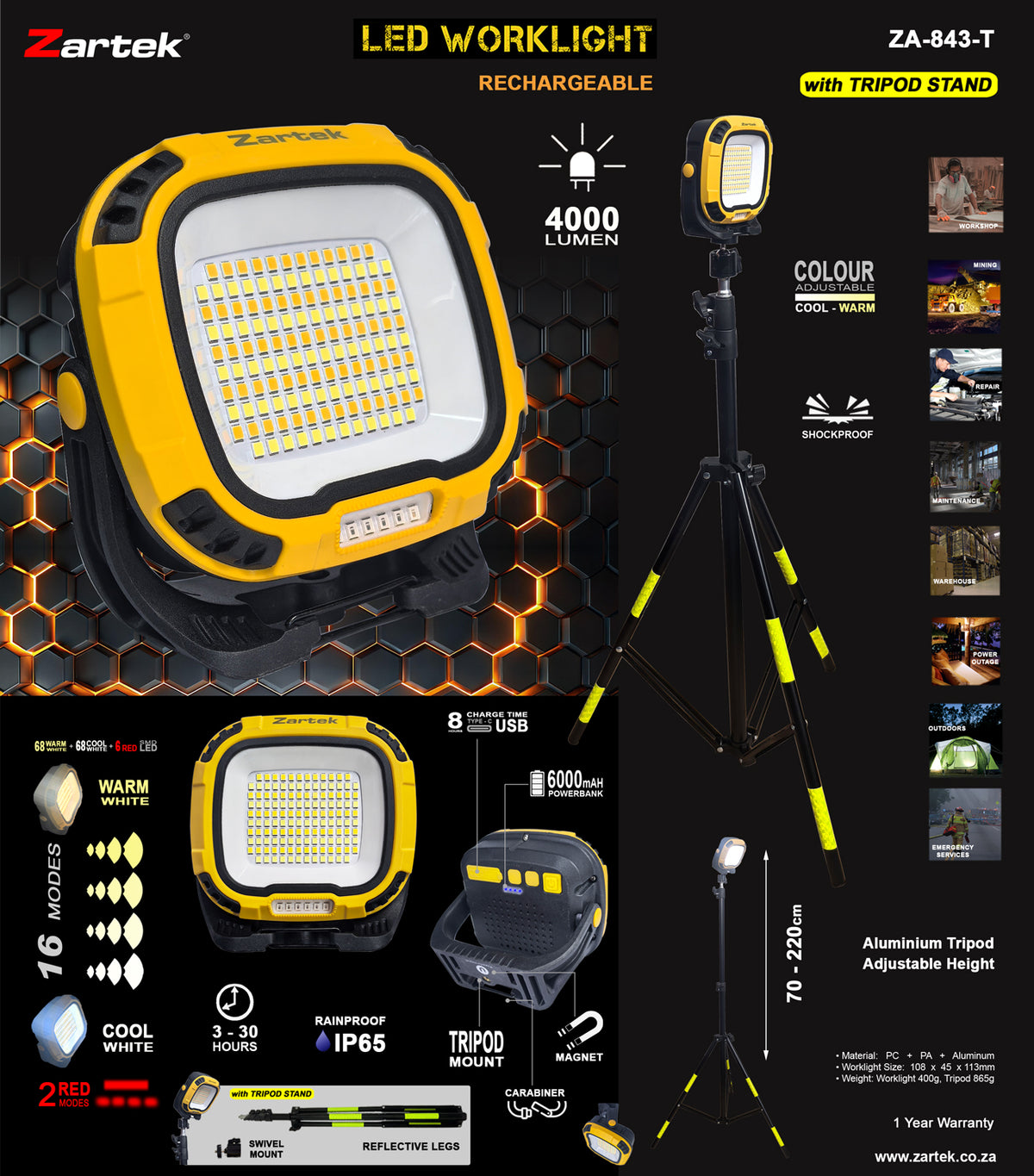 Zartek ZA-843-T LED Worklight 4000 Lumen with Aluminium Tripod Adjustable Height