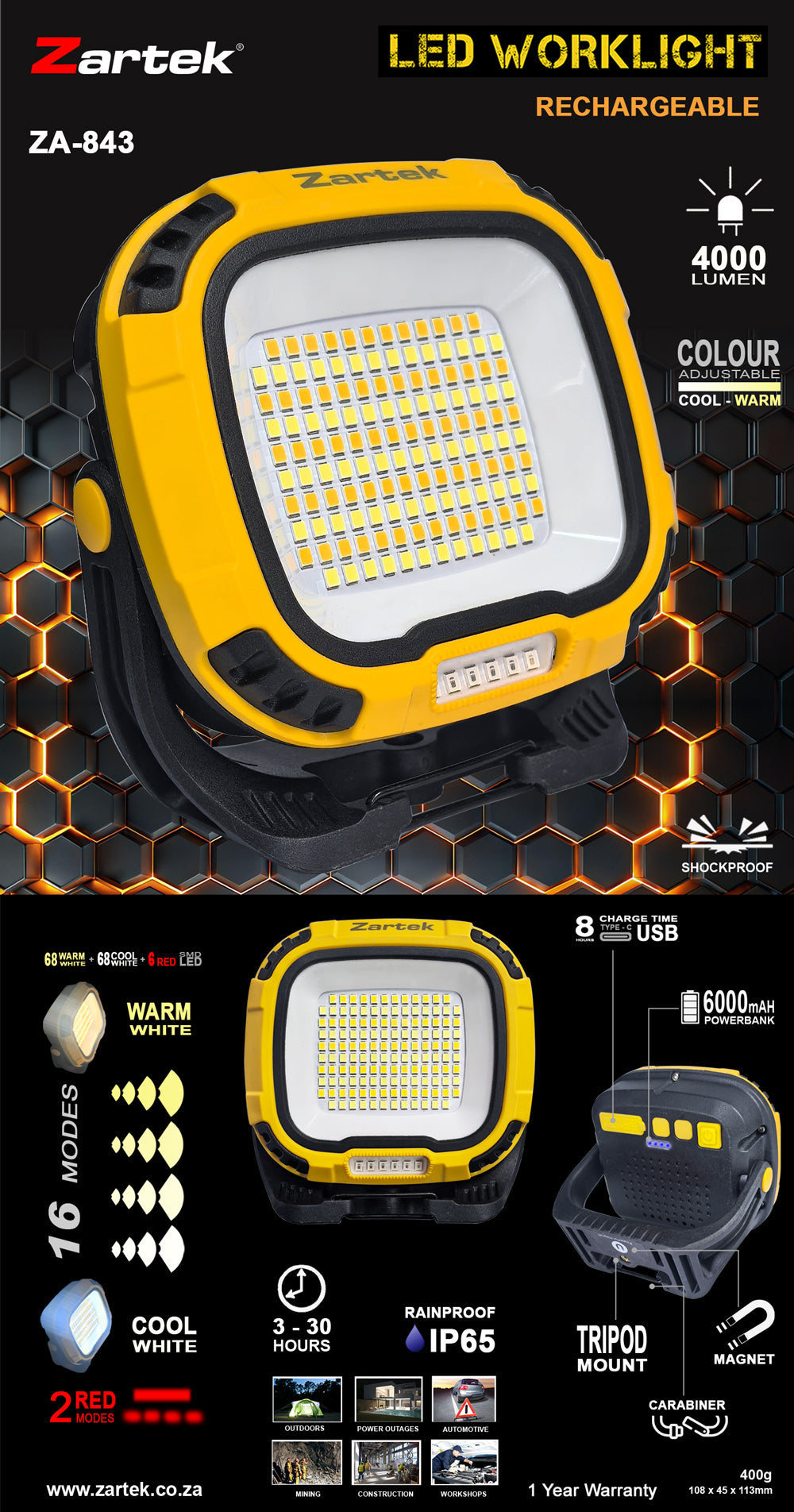 Zartek LED Worklight 4000 Lumen 6000mAH - Guards On Duty Shop & Security Guards