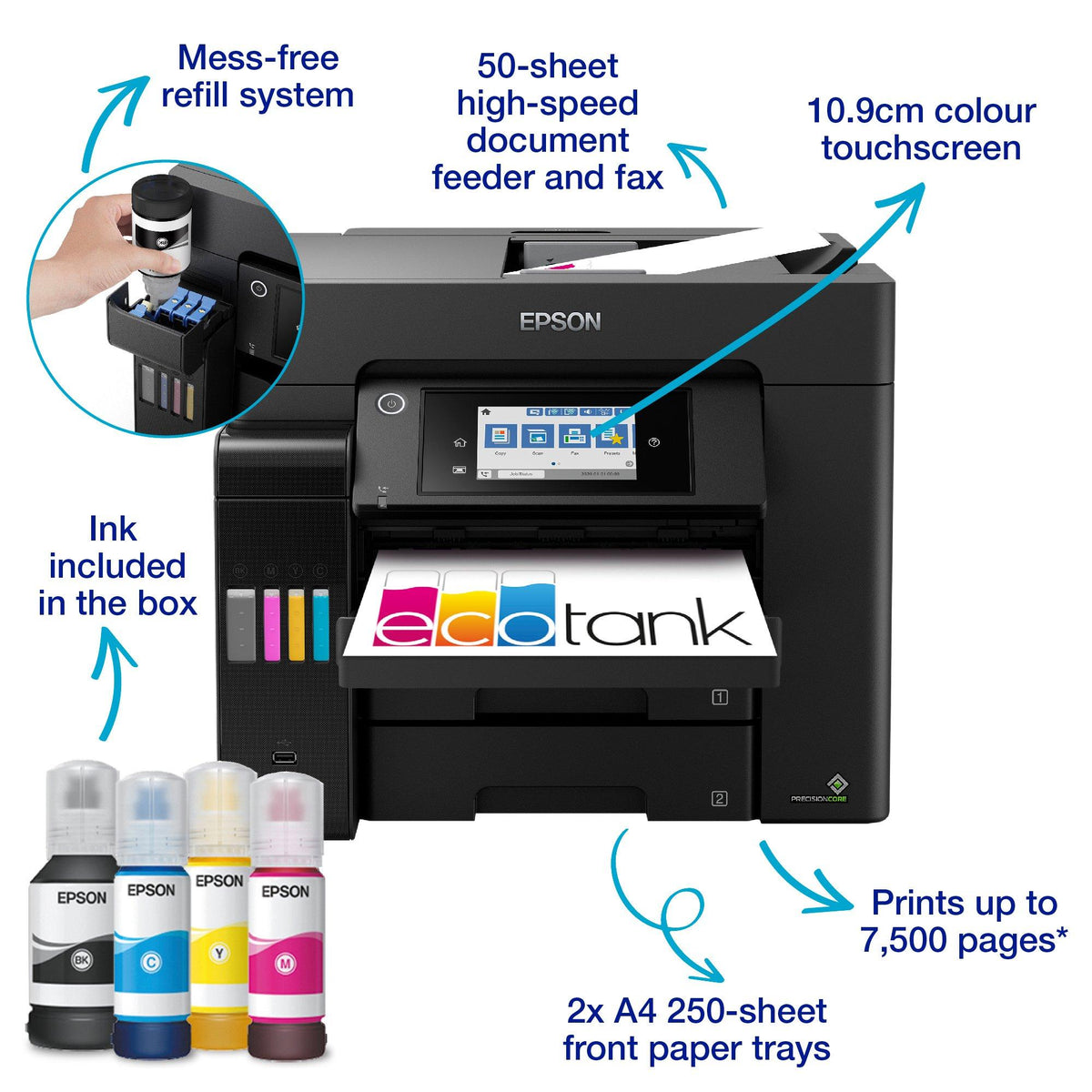 Epson EcoTank L6570 - 25ppm in black and color; Wi-Fi; Wi-Fi Direct; Ethernet & free mobile printing apps; 2x A4 250-sheet front