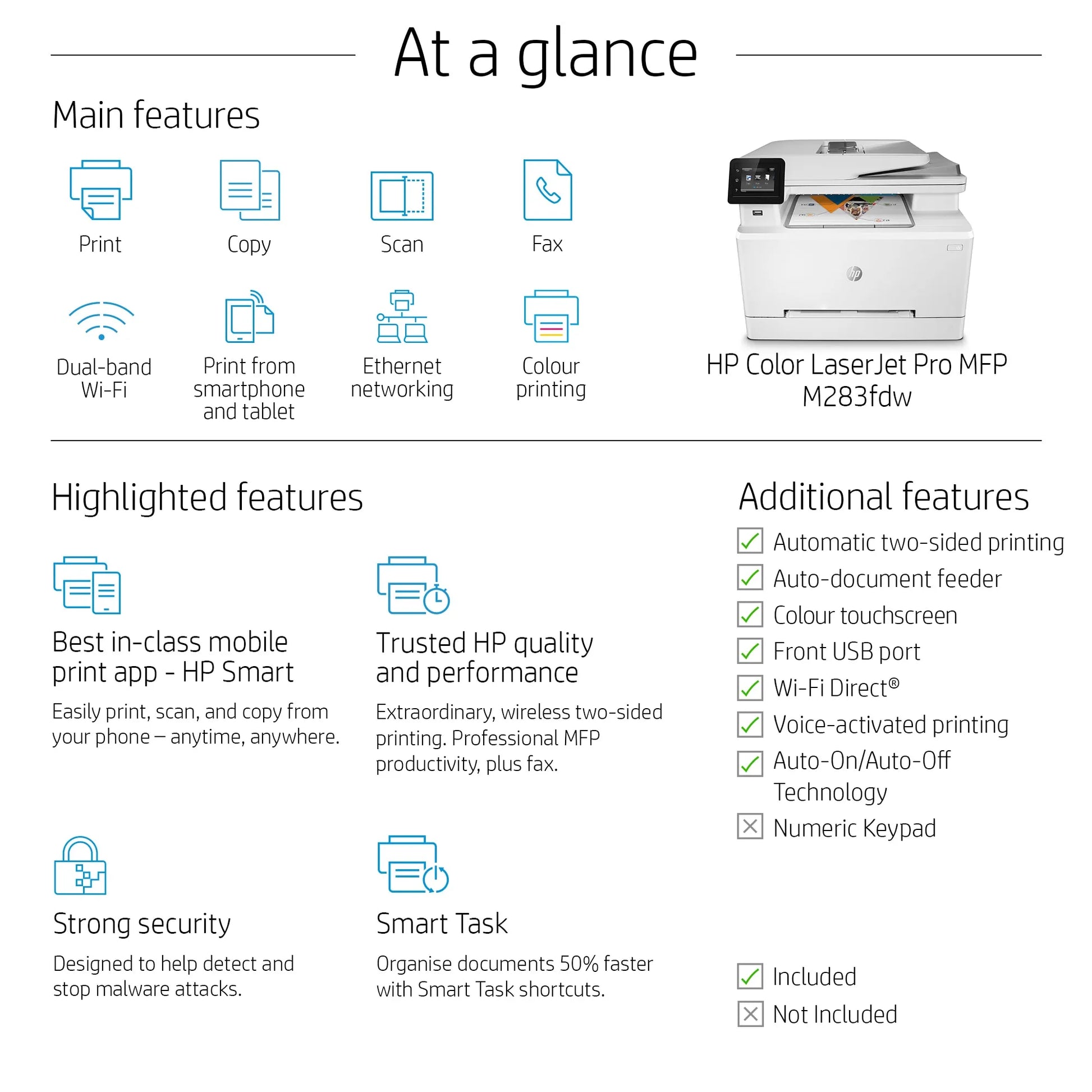 HP COLOUR LASERJET PRO MFP M283FDW, PRINT, COPY, SCAN, FAX, 1-5 USERS, FAST PRINT SPEEDS (21 PPM IN COLOR AND MONO) AND FASTEST IN-CLASS FIRST PAGE OUT, AUTOMATAIC TWO-SIDED PRINTING, 50-PAGE ADF, FRONT USB, TOUCHSCREEN DISPLAY, 250 SHEET PAPER CAPACITY, - Guards On Duty Shop & Security Guards