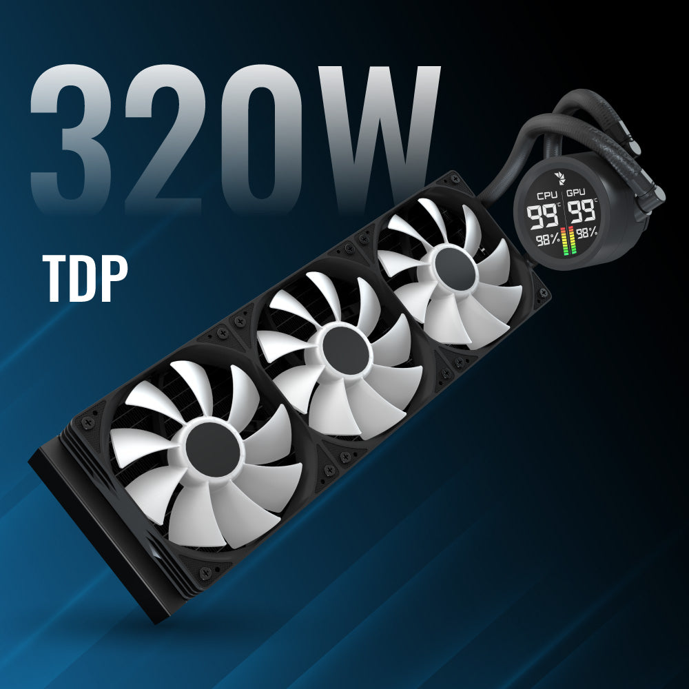 Aerocol Abyss L360 Black with digital display - 360mm ARGB Liquid Cooler - Intel LGA1851/LGA1700 - AMD AM4/AM5.