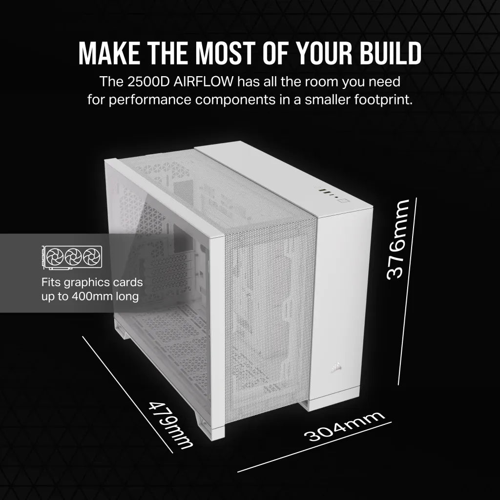 2500D Airflow White Mid-Tower Dual Chamber PC Case; 2x 3.5'' |  2x 2.5'' Drive Bays; Up to 360mm Radiator compatible