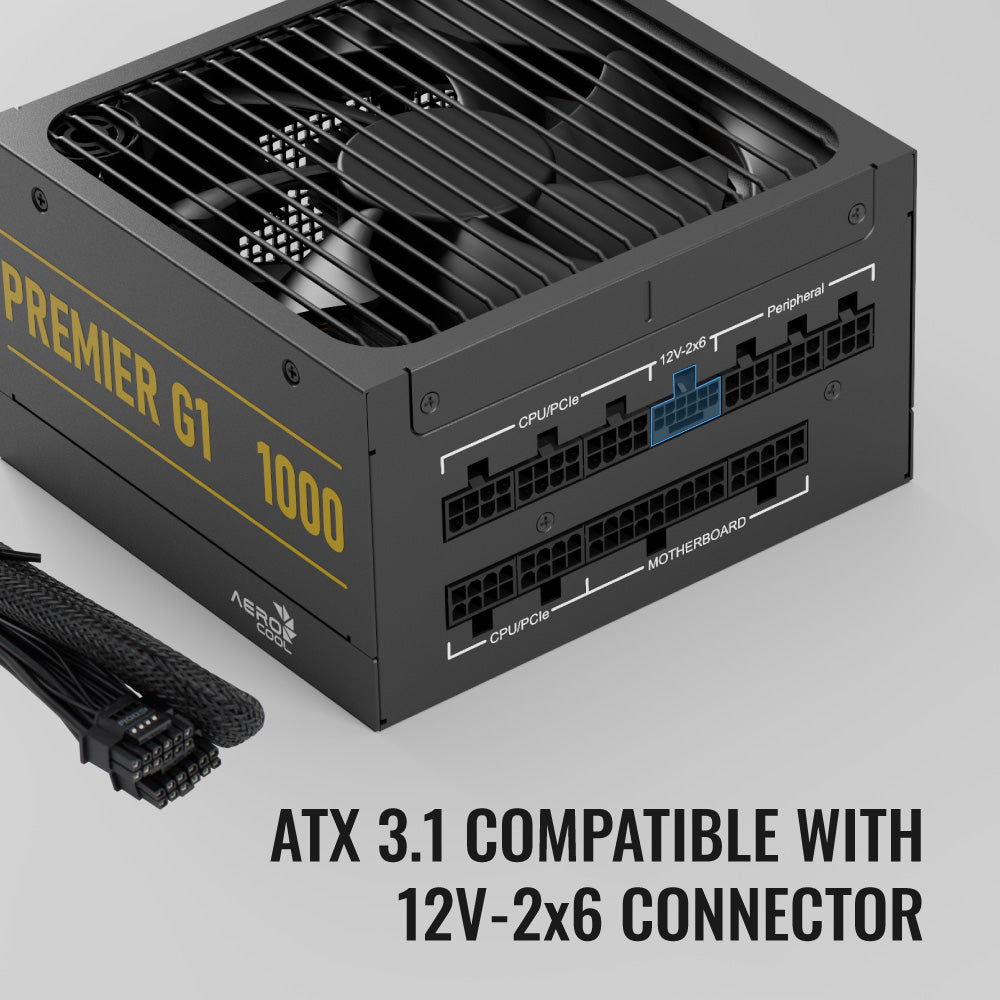 Aerocool Premier G1 Gold 1000W PSU - ATX 3.1 PCIe5.1 - ATX 24 PIN; 1x 4+4PIN CPU; 1x CPU 8PIN; 12x SATA; 2x PATA; 9x PCIe 6+2PIN