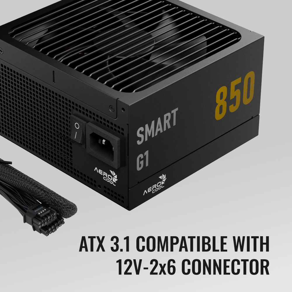 Aerocool SMART G1 Gold 850W PSU - ATX 3.1 PCIe5.1 - ATX 24 PIN; 2x 4+4PIN CPU/2x CPU 8PIN; 12x SATA; 2x PATA; 3x PCIe 6+2PIN; 1x