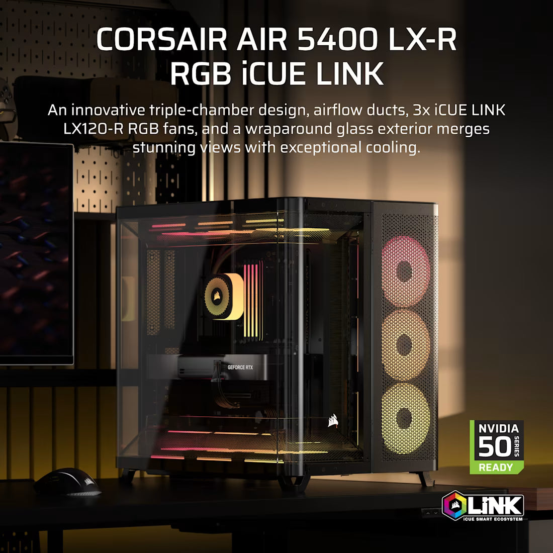 AIR 5400 LX-R RGB iCUE LINK Triple Chamber Mid-Tower PC Case ;3x Fans included;2x 2.5'' ; 1x 3.5'';  Black