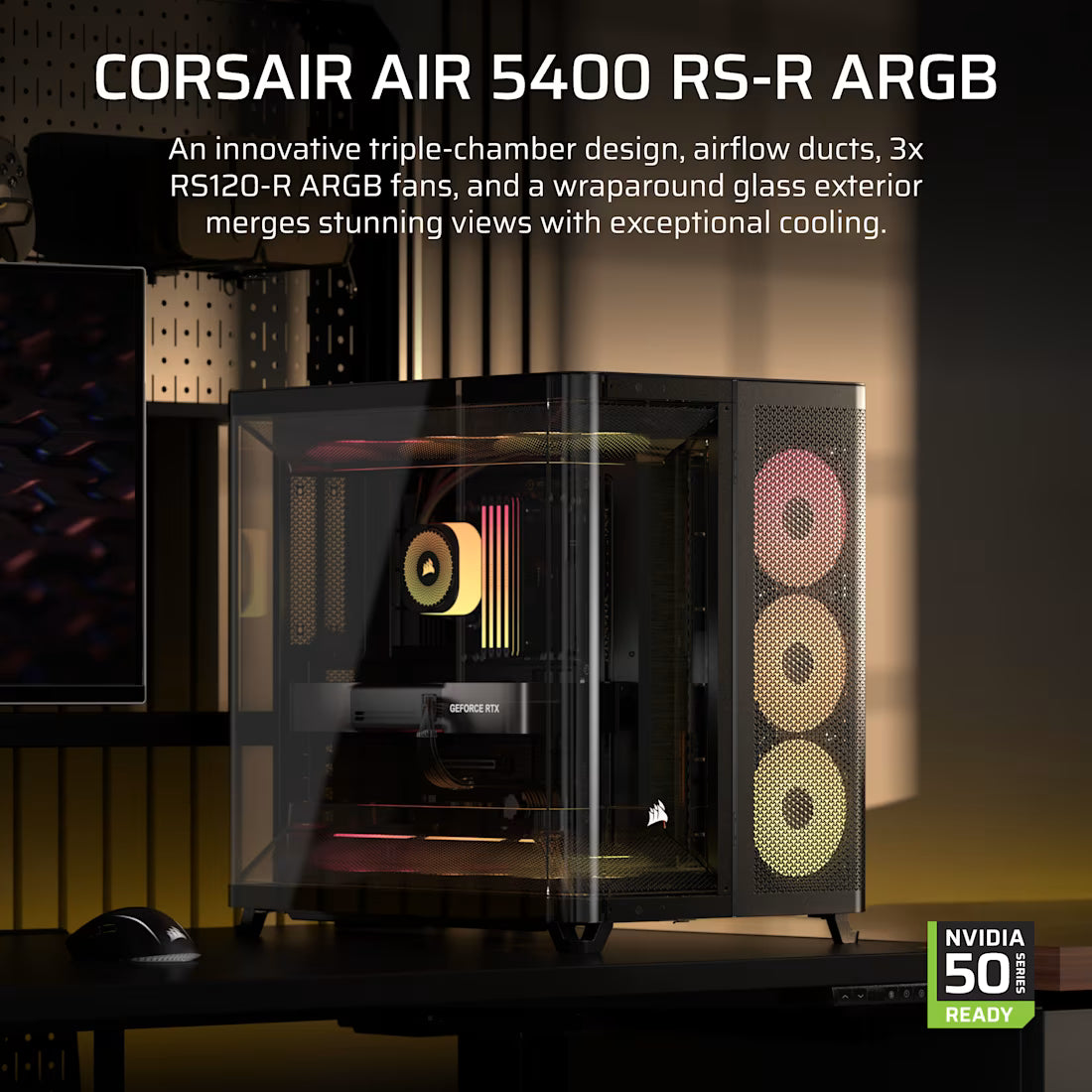 AIR 5400 RS-R ARGB Triple Chamber Mid-Tower PC Case ; 3x Fans Included; 2x 2.5'' ; 1x 3.5'' Black