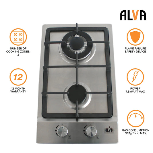 Alva 2-Burner Stainless Steel Gas Hob 30cm - Guards On Duty Shop & Security Guards