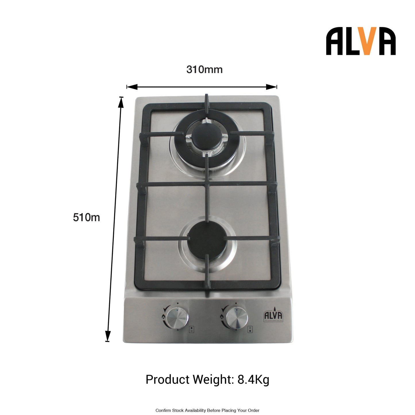Alva 30cm 2-Burner Gas Hob - Stainless Steel - Alva 2-Burner Gas Hob