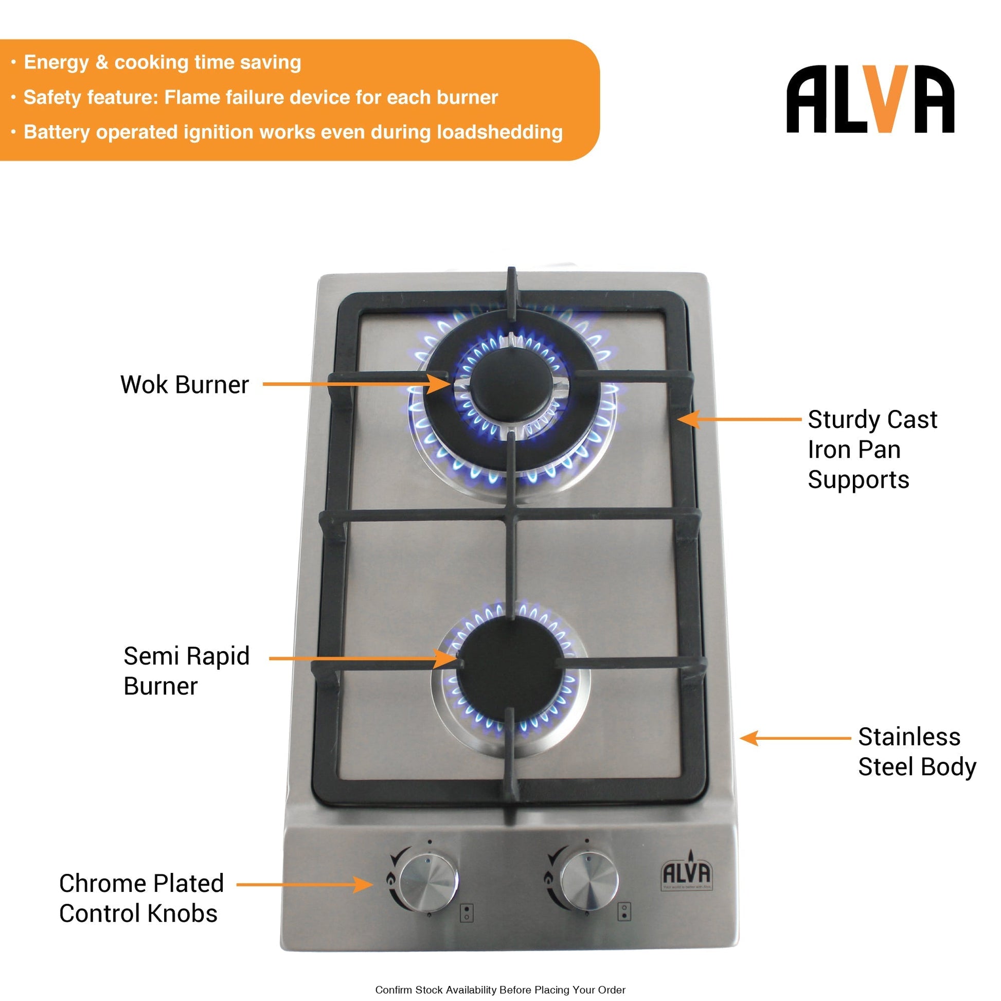 Alva 30cm 2-Burner Gas Hob - Stainless Steel - Alva 2-Burner Gas Hob