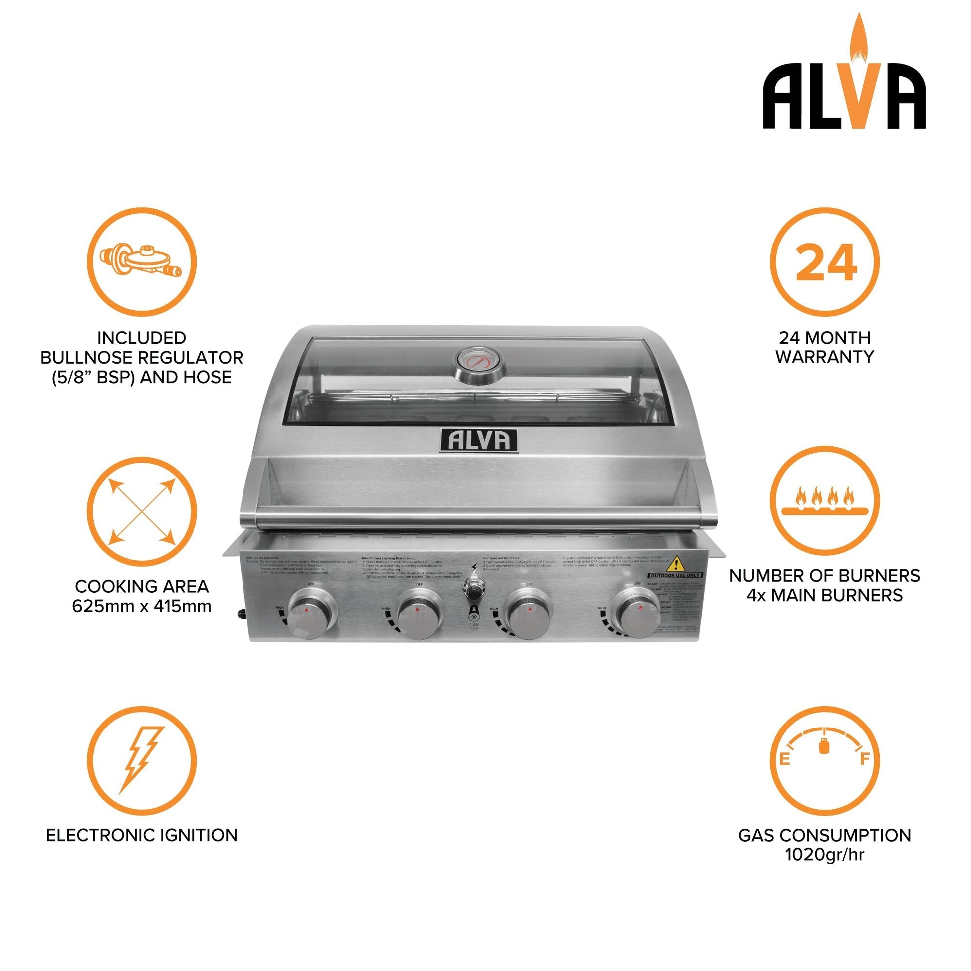 Alva Mojave 4-Burner Glass Hood Drop-In Gas BBQ - Alva Mojave 4-Burner