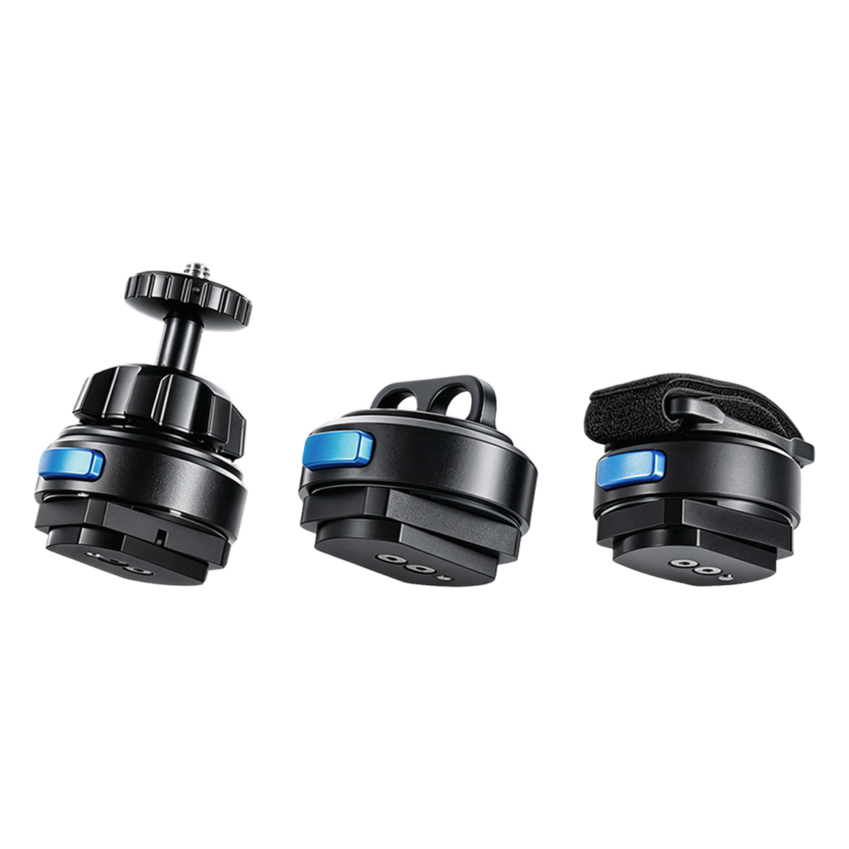 Ascentiz Exo-Belt Attachment Mounts — threaded camera, Quick-Link, and Velcro interfaces side by side