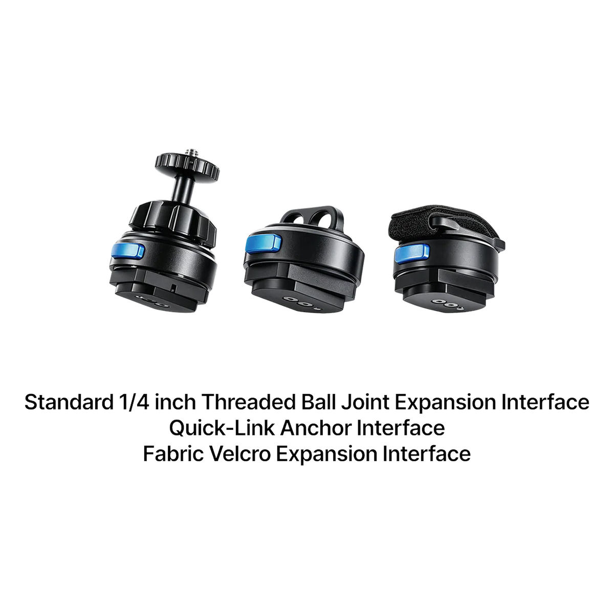 Ascentiz Exo-Belt Attachment Mounts labelled: 1/4-inch threaded ball joint, Quick-Link anchor, and Velcro expansion interfaces