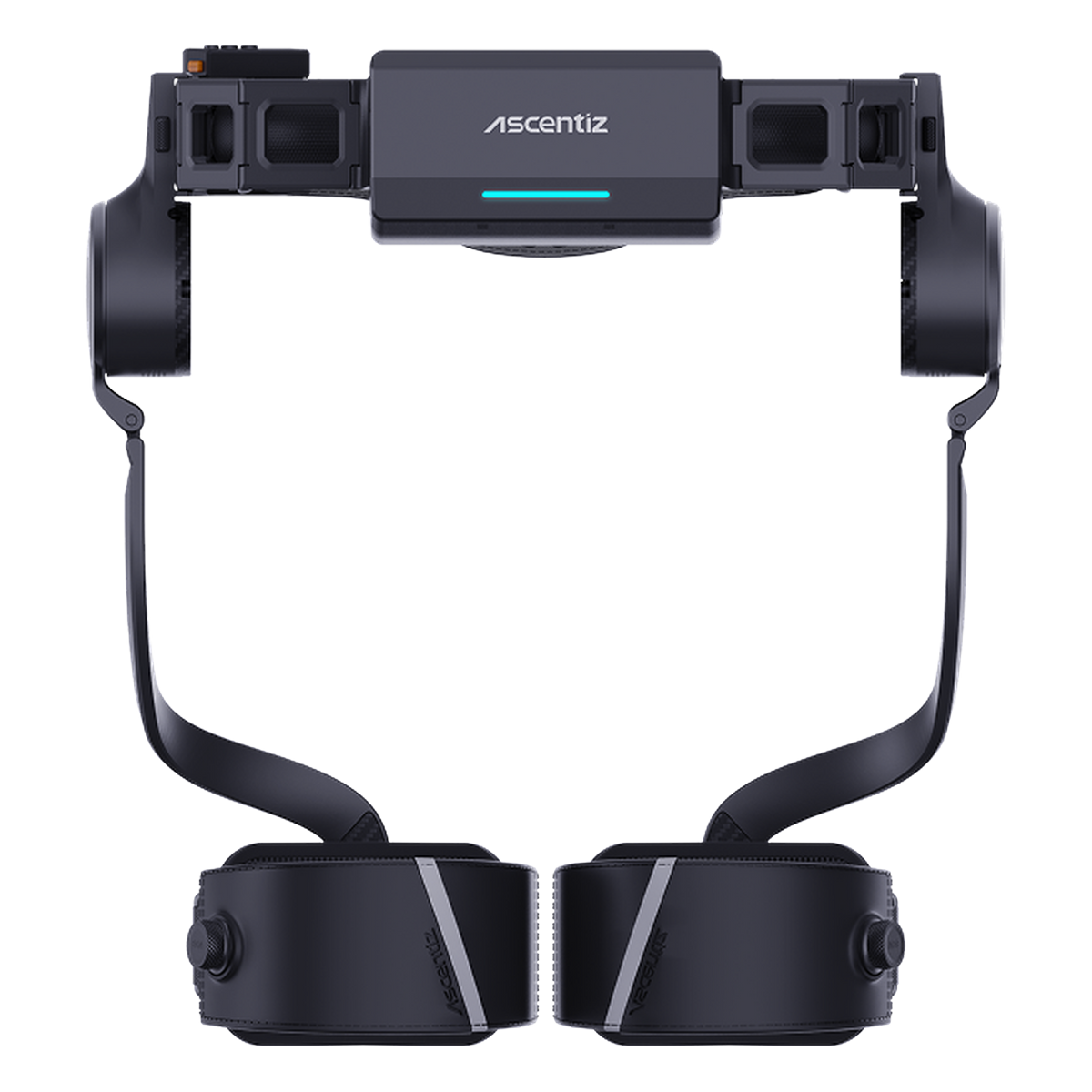 Ascentiz H Pro hip exoskeleton — front flat-lay view showing the waist control module and dual leg straps