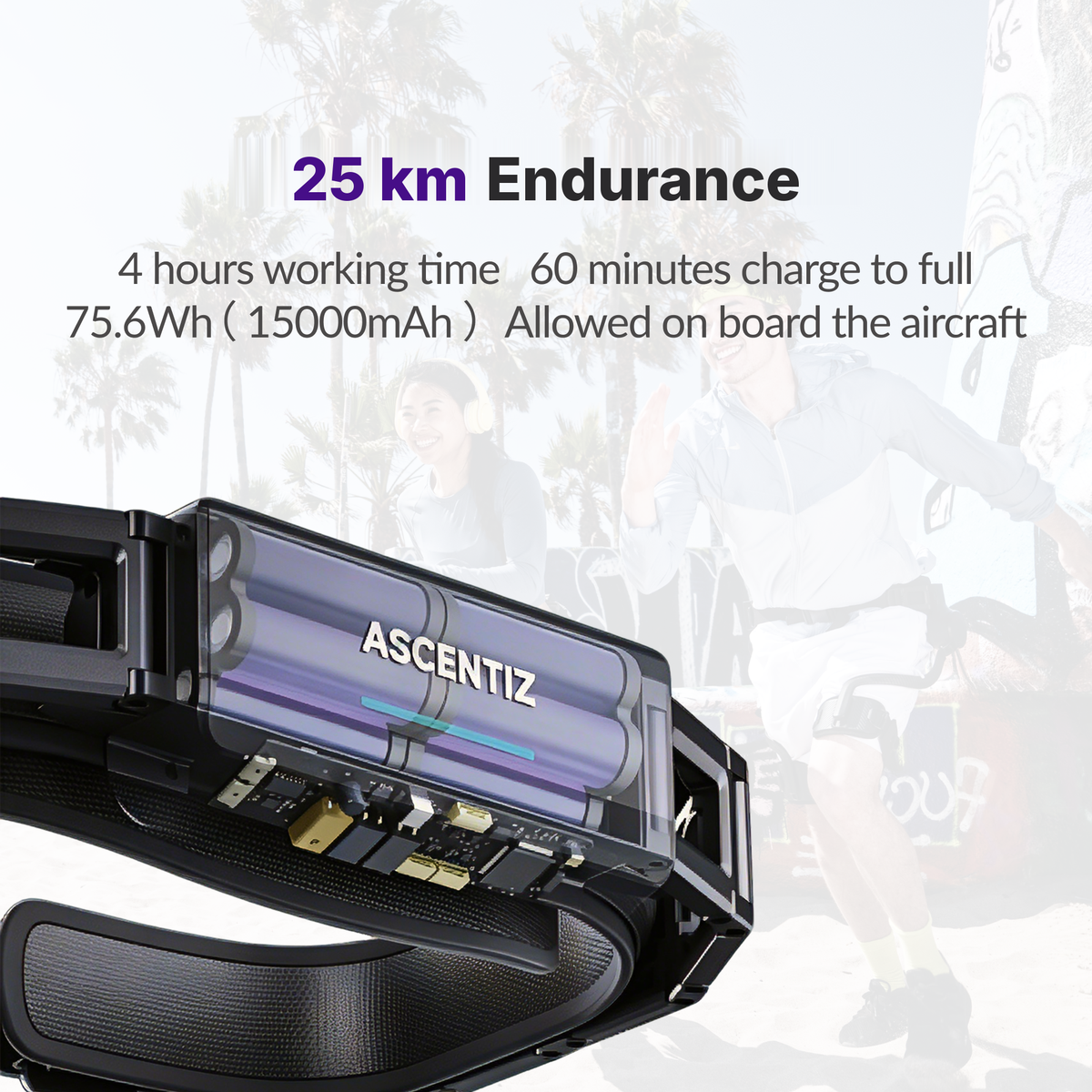 Ascentiz H Pro battery endurance 25 km, 4 hours run time and 60 minute full charge