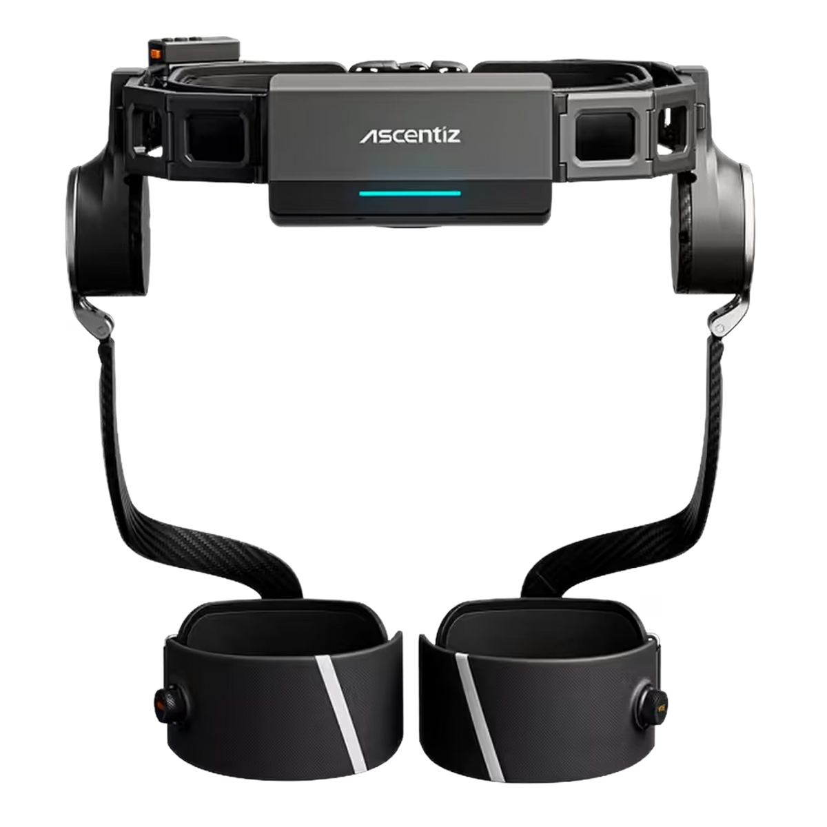 Ascentiz H Ultra hip exoskeleton laid flat, front view showing the Ascentiz logo hip motor unit, dual carbon-fibre leg straps and both thigh cuffs