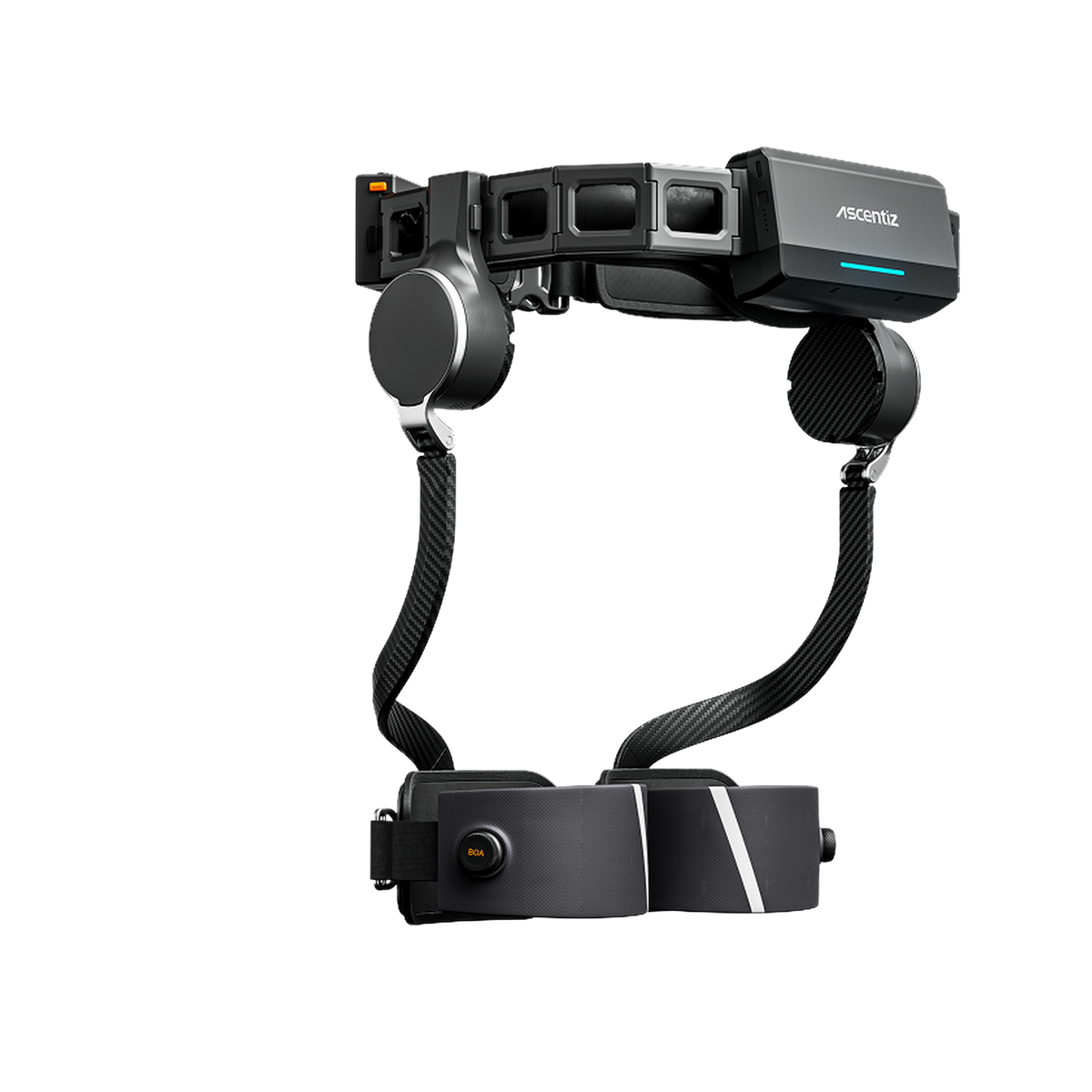 Ascentiz H Ultra hip exoskeleton angled three-quarter view showing the Ascentiz branding, status LED and BOA dial thigh cuff closure