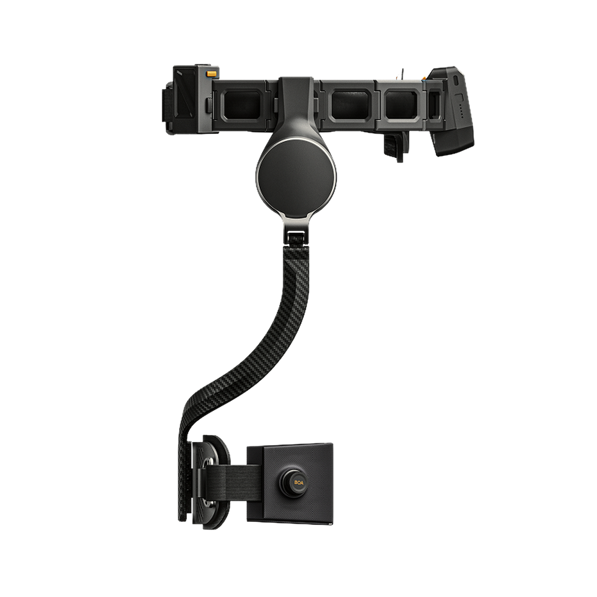 Ascentiz H Ultra hip exoskeleton mirrored side profile showing the battery level indicator lights and BOA dial thigh cuff