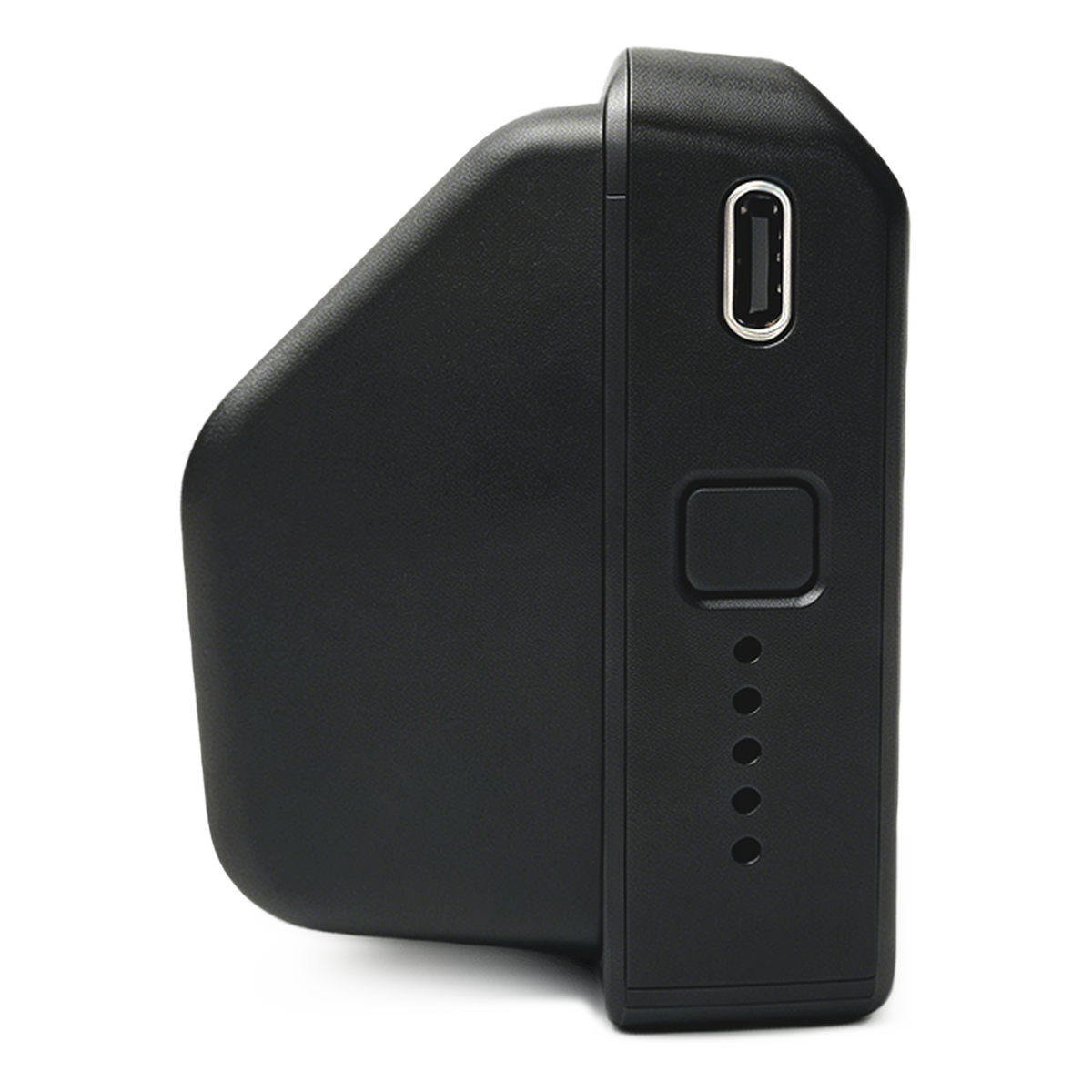 Ascentiz Intelligent Battery side view showing USB-C charging port, power button and LED charge indicators
