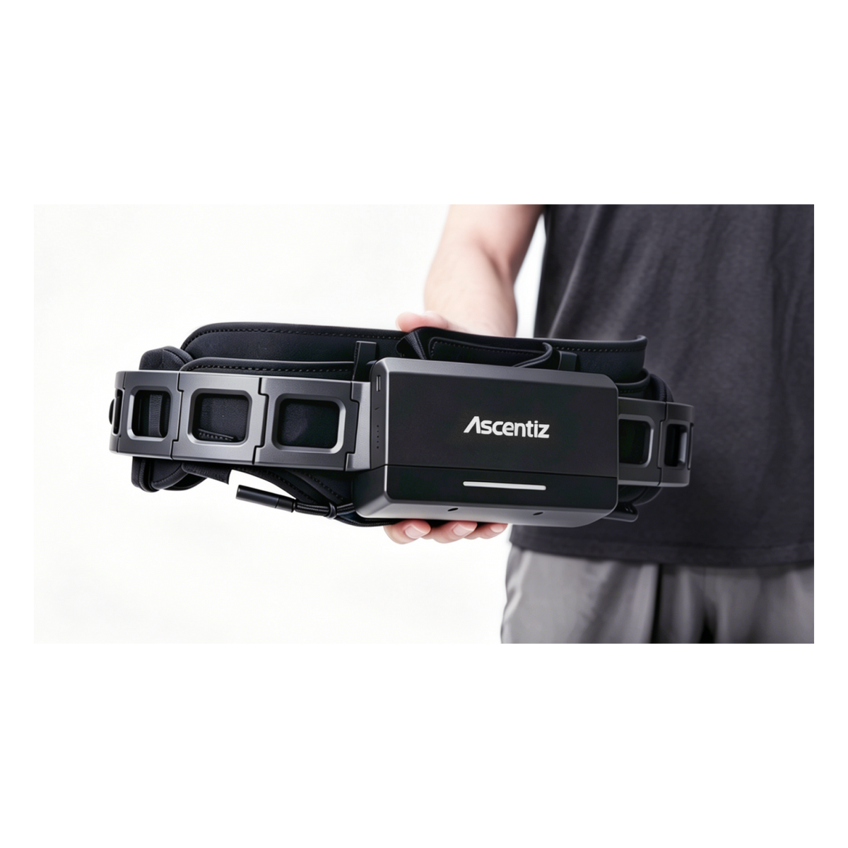Ascentiz Intelligent Battery mounted on the Ascentiz Exo-Belt, worn at the waist