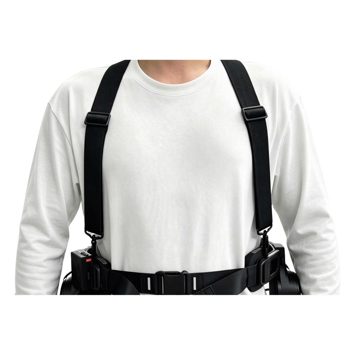Ascentiz Support Harness worn over the shoulders, front view, connecting down to the Ascentiz exoskeleton waist belt