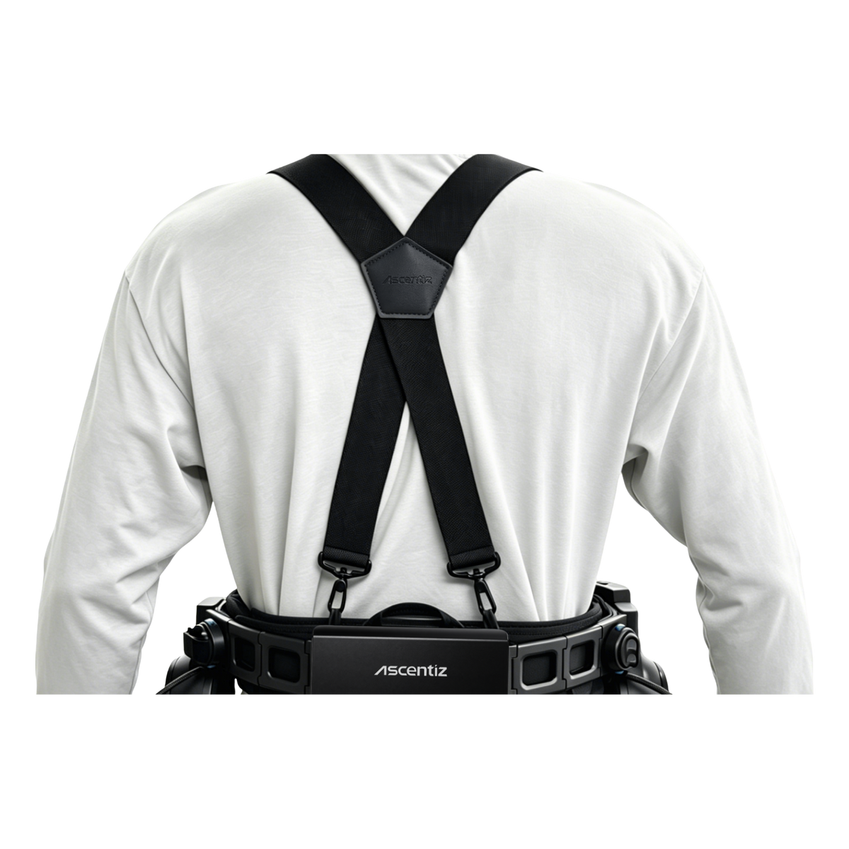 Ascentiz Support Harness worn on the back, X-strap crossover connecting to the Ascentiz exo-belt unit
