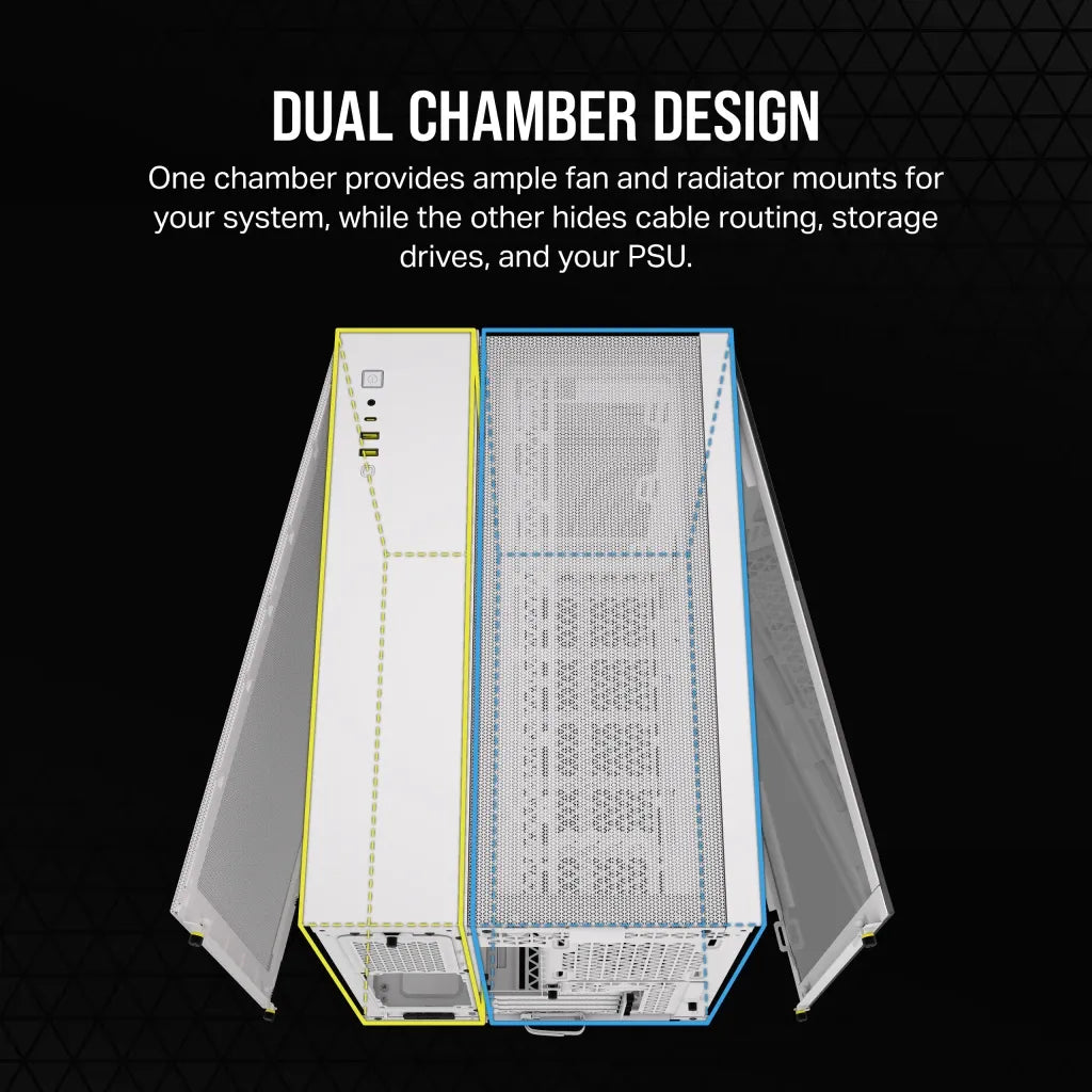 2500D Airflow White Mid-Tower Dual Chamber PC Case; 2x 3.5'' |  2x 2.5'' Drive Bays; Up to 360mm Radiator compatible