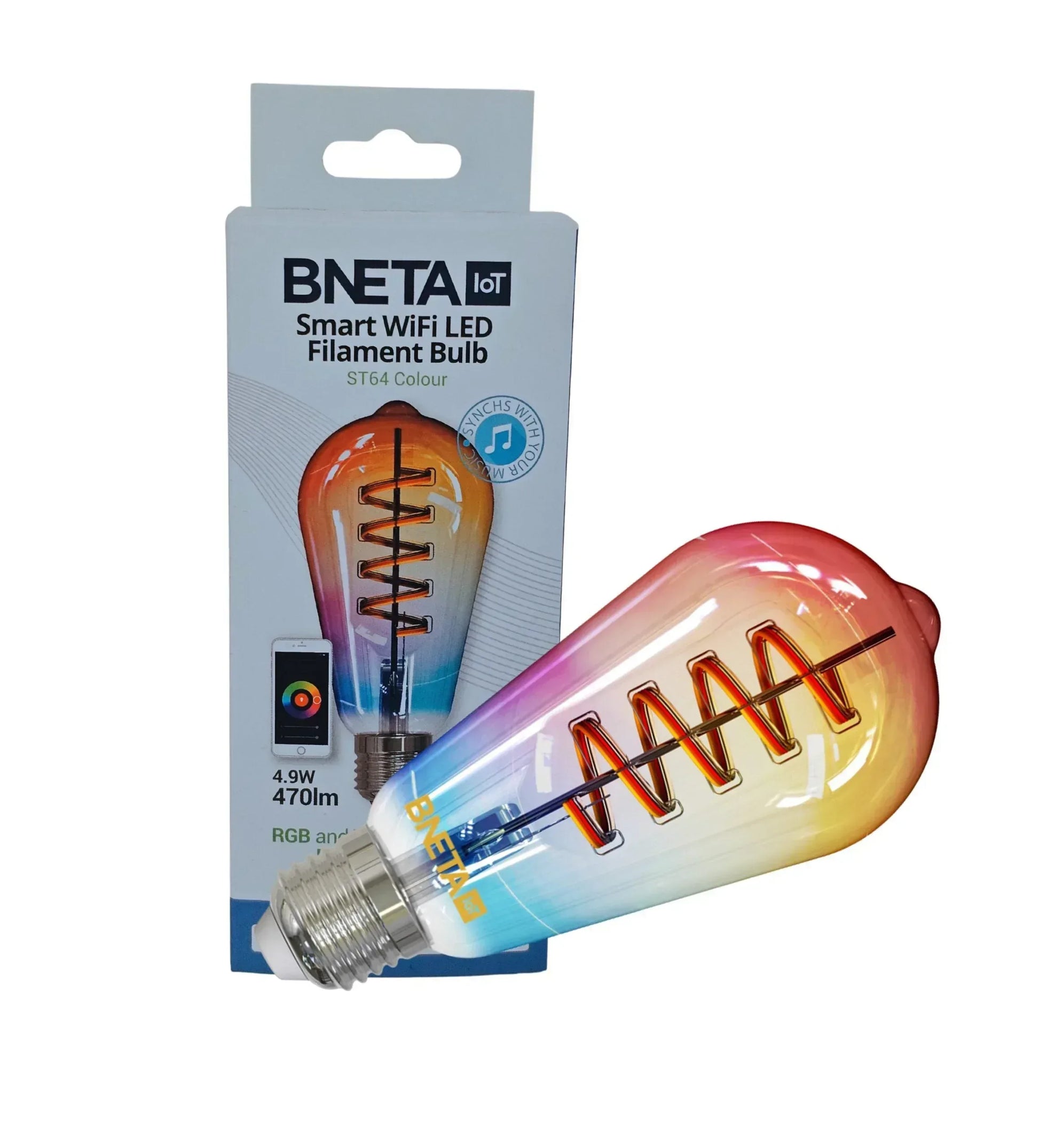 BNETA IoT Smart Filament WiFi Colour + Warm/Cool White LED Bulb (ST64C E27) Guards On Duty Security