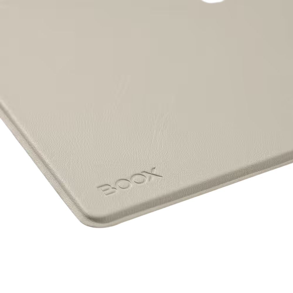 BOOX Go 6 Gen II magnetic case beige, corner detail with BOOX logo