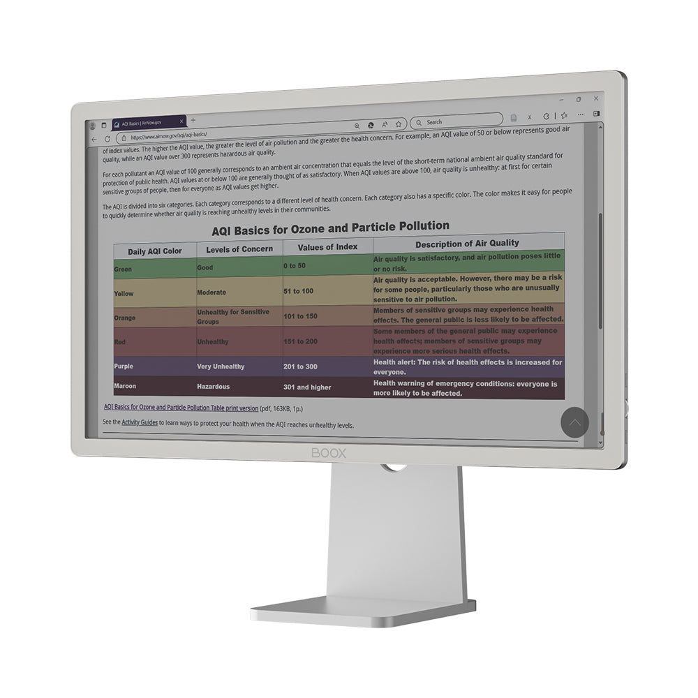 BOOX Mira Pro (Color) 25.3″ E Ink Monitor — three-quarter view with colour content on screen