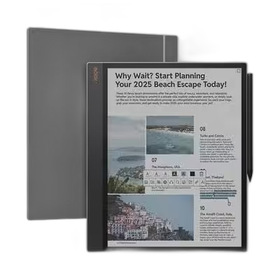 BOOX Tab X C 13.3-inch Kaleido 3 tablet in portrait displaying a colour travel article, stylus docked on the side