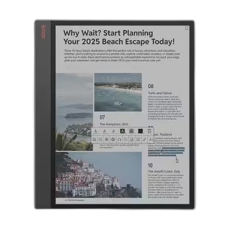 BOOX Tab X C colour e-ink tablet in portrait, showing a travel magazine with the highlight and annotation toolbar open