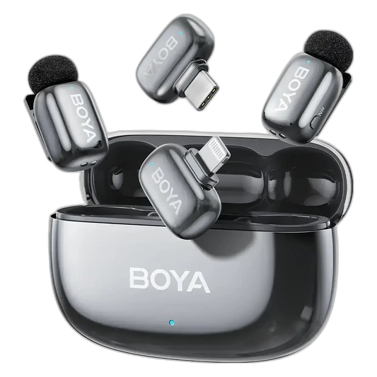 BOYA Mini 2 Dual Kit combo: two transmitters, USB-C and Lightning receivers with the charging case
