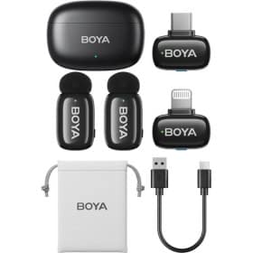 BOYA Mini 2 combo kit contents: two transmitters, USB-C and Lightning receivers, charging case, carry pouch and USB-C to USB-A cable