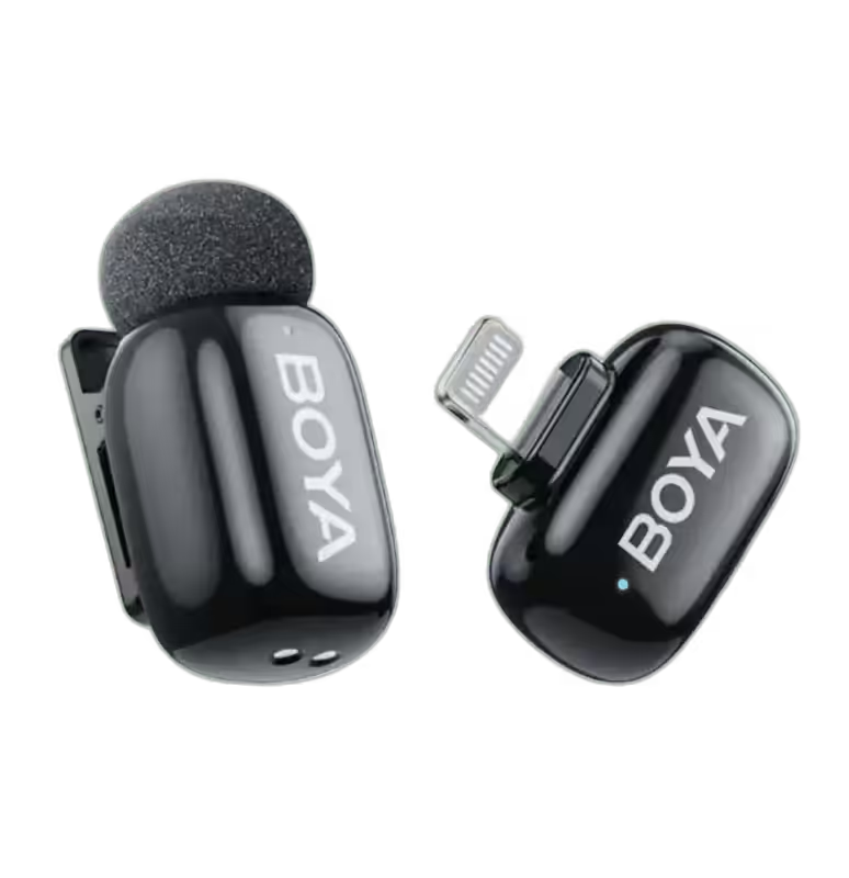 BOYA Mini 2 transmitter with foam windshield and Lightning receiver
