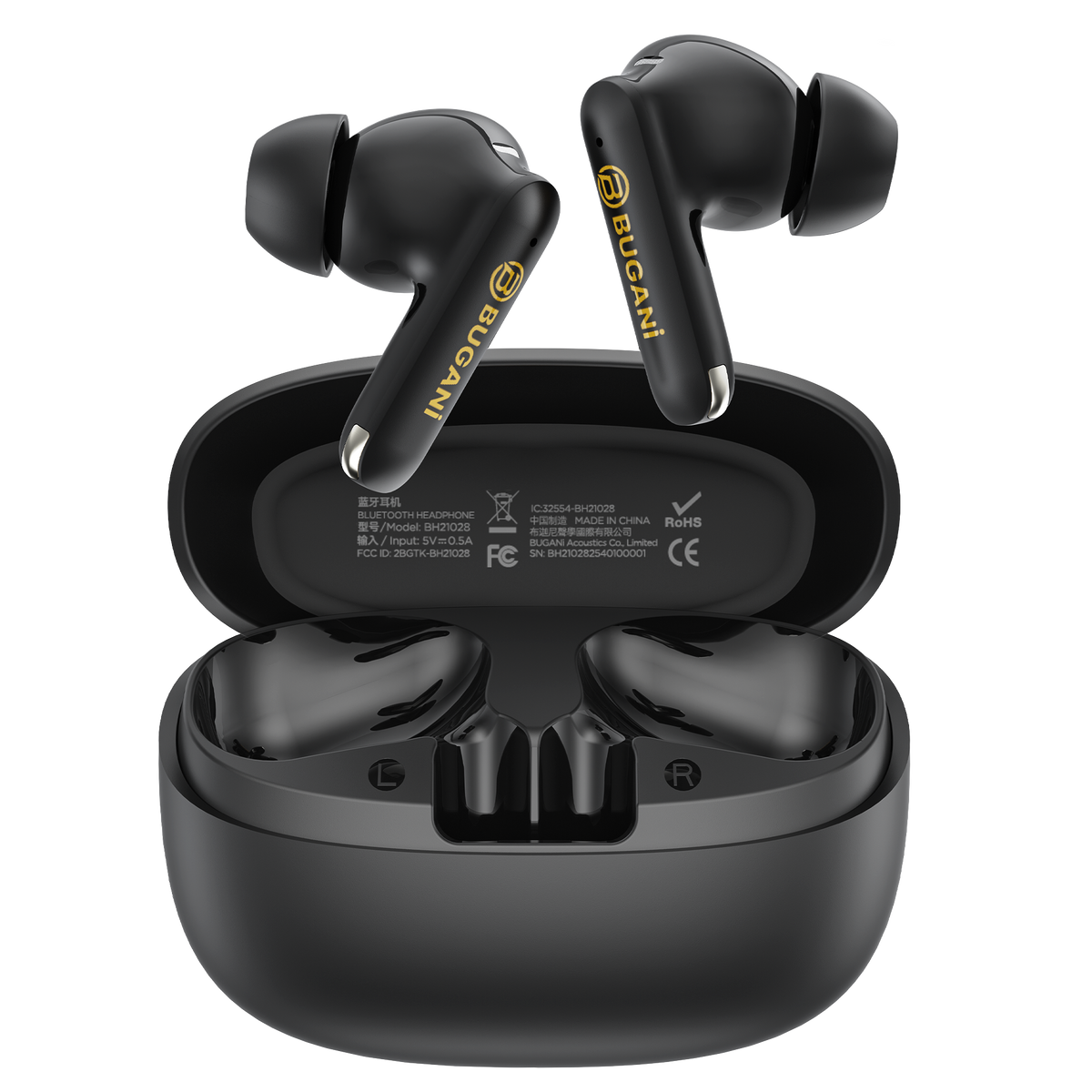 Bugani FreeBuds B20 Wireless Earbuds — Black, earbuds above the open charging case