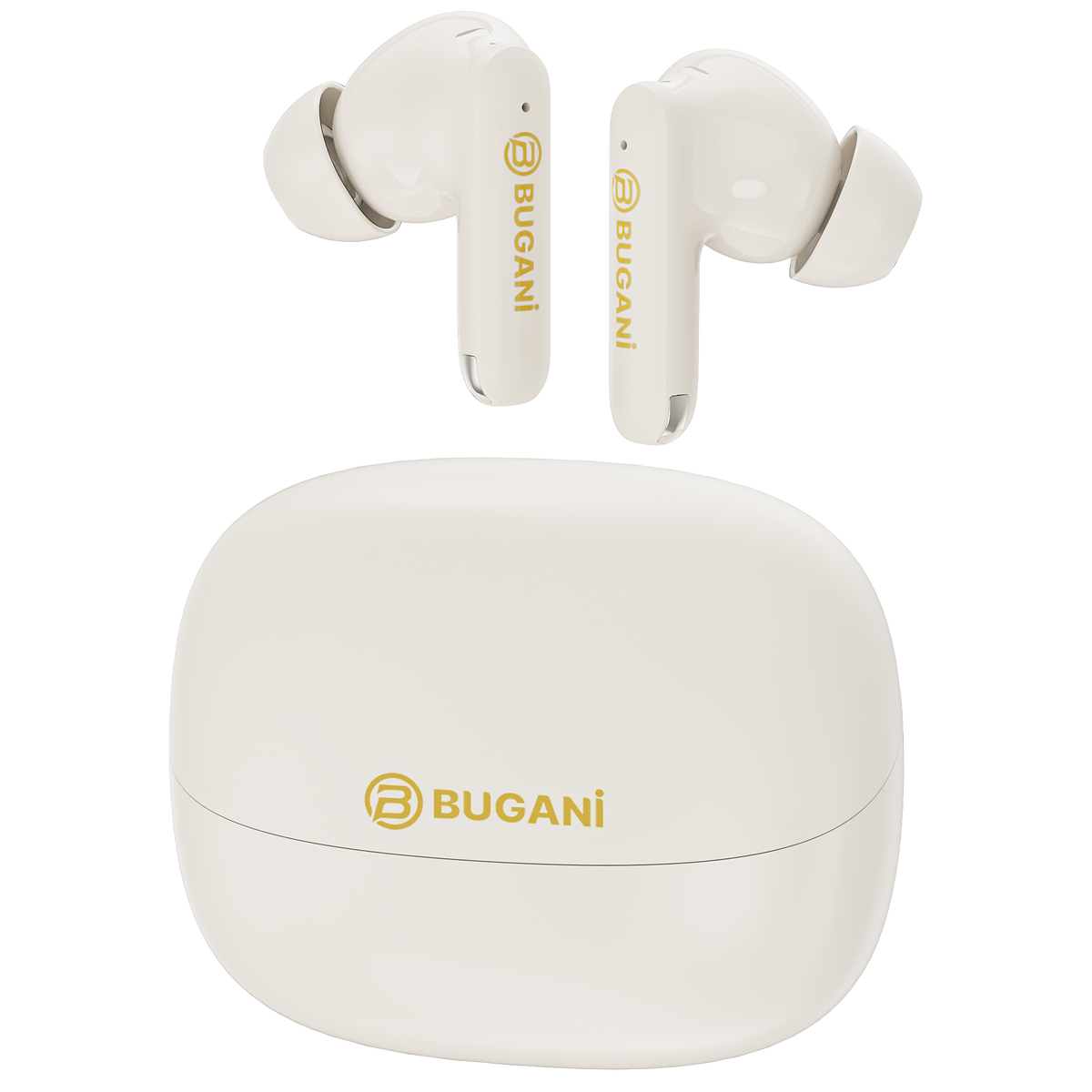 Bugani FreeBuds B20 Wireless Earbuds — Creamy White, earbuds with the closed charging case