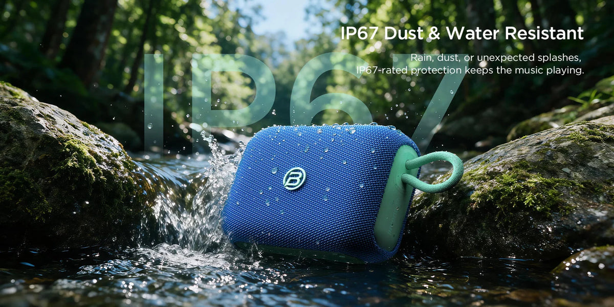Bugani Rove Go 5 speaker in a stream showing IP67 dust and water resistance