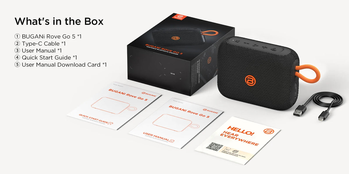 Bugani Rove Go 5 box contents: speaker, USB-C cable, manuals