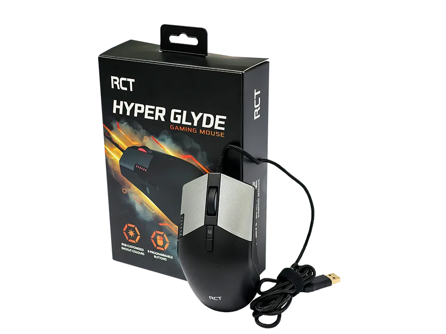 RCT HyperGlyde Gaming Mouse; 16000DPI switchable; 8 Programmable buttons; Interchangeable weights; Omron Mechanical Switches.