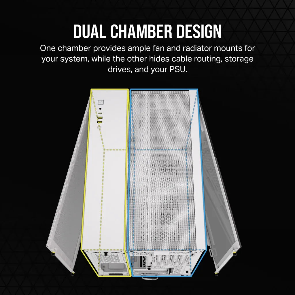 2500D Airflow White Mid-Tower Dual Chamber PC Case; 2x 3.5'' |  2x 2.5'' Drive Bays; Up to 360mm Radiator compatible