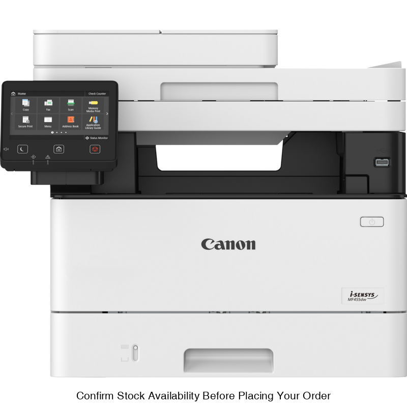 CANON MF455DW LASER TECHNOLOGY MONO MFP PERSONAL OR SMALL WORKGROUP, 4 IN1 PRINT/SCAN/COPY. 38 PPM. 350 SHEET CASSETTE, OPTIONAL SECOND TRAY . 50 SHEET 2 SIDED ADF . 1200 X 1200 DPI. DUPLEX, 5" COLOUR TOUCH SCREEN, SCAN TO PC, USB, E-MAIL, FTP, CLOUD, INT - Guards On Duty Shop