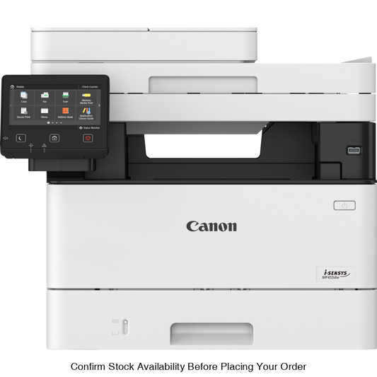CANON MF455DW LASER TECHNOLOGY MONO MFP PERSONAL OR SMALL WORKGROUP, 4 IN1 PRINT/SCAN/COPY. 38 PPM. 350 SHEET CASSETTE, OPTIONAL SECOND TRAY . 50 SHEET 2 SIDED ADF . 1200 X 1200 DPI. DUPLEX, 5" COLOUR TOUCH SCREEN, SCAN TO PC, USB, E-MAIL, FTP, CLOUD, INT - Guards On Duty Shop