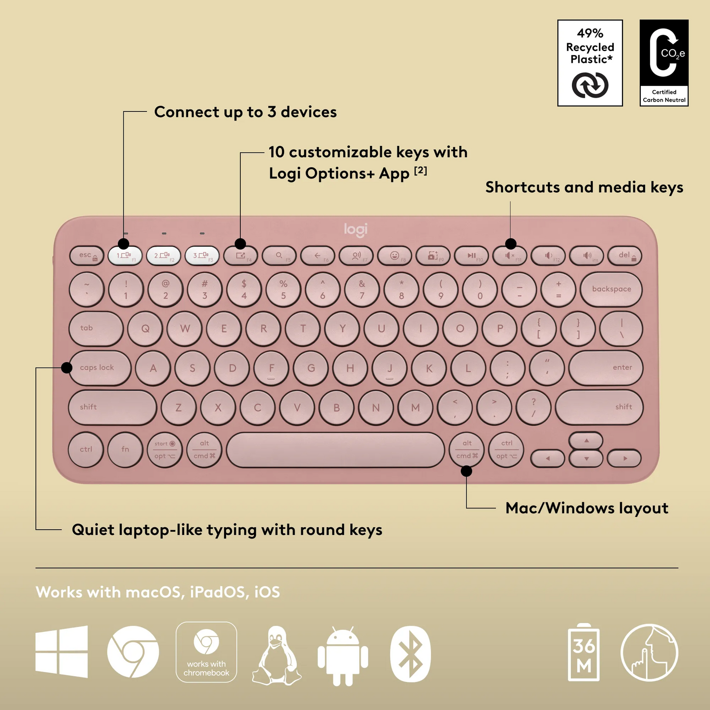 Logitech(R) Pebble Wireless Keys 2 K380s - Tonal Rose - Guards On Duty Shop & Security Guards