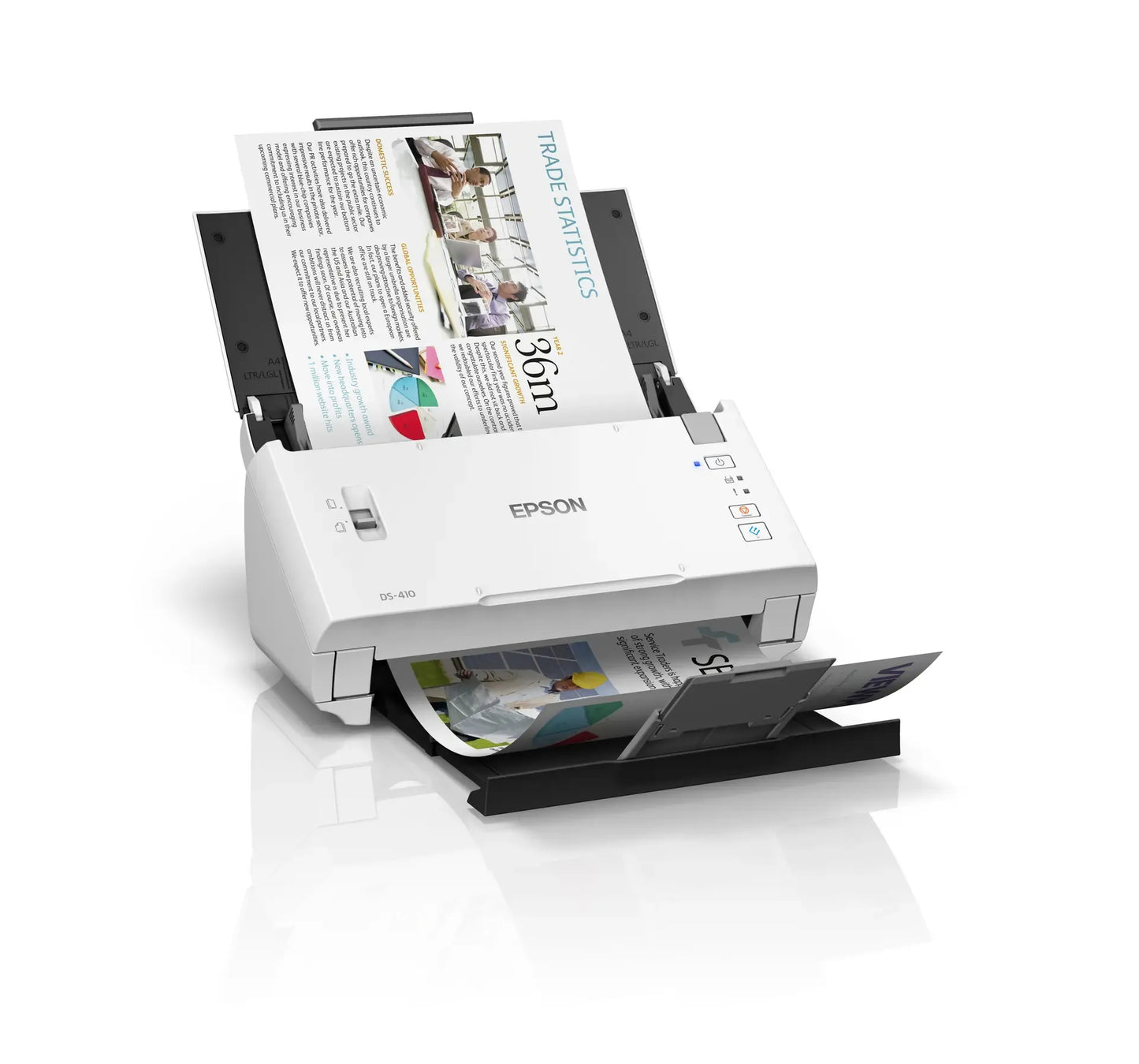 Epson WorkForce DS-410-Sheetfeed;A4 A3 with stitching; Duplex; 600x600DPI; 35ppm; Single Pass Dual; Ddaily Duty Cycle 4000. USB