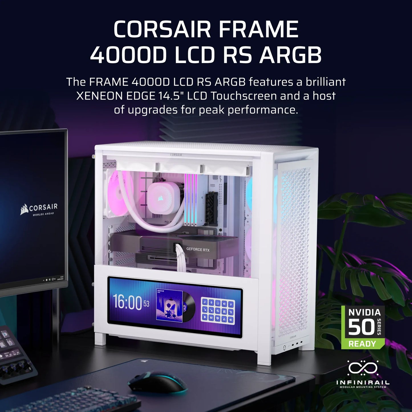 FRAME 4000D LCD RS ARGB Premium Mid-Tower PC Case; Includes 4x RS120 PWM ARGB Fans; XENEON EDGE; White.