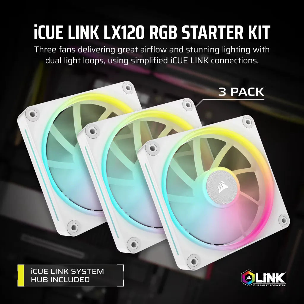 CORSAIR LX RGB Series; iCUE LINK LX120 RGB White; 120mm Fan; Triple Pack